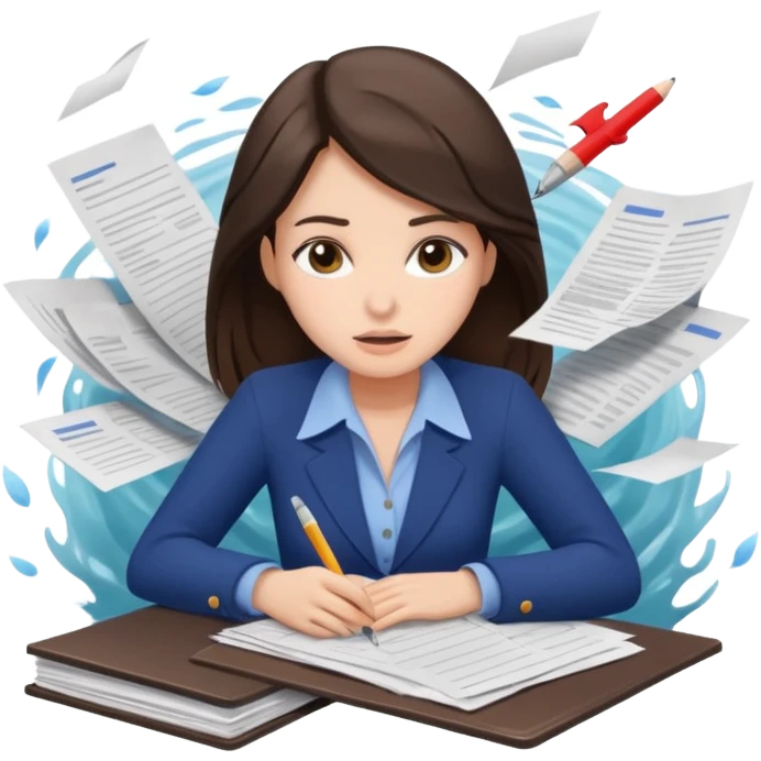 Pretty female Brunette “drowning” in paperwork emoji