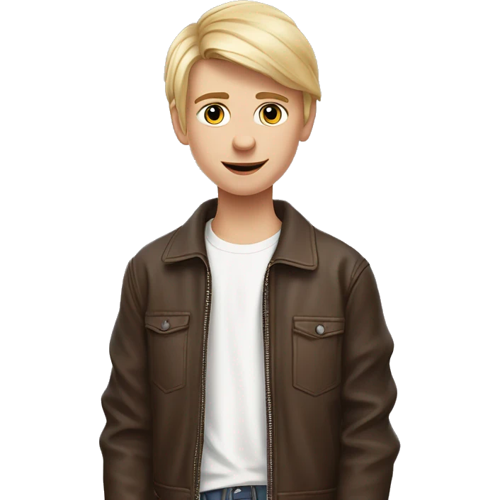A 17-year-old boy of Scandinavian-Slavic appearance, with shoulder-length blond hair (pink hair at the tips), wearing a white T-shirt and a brown leather jacket shows a heart with his fingers emoji