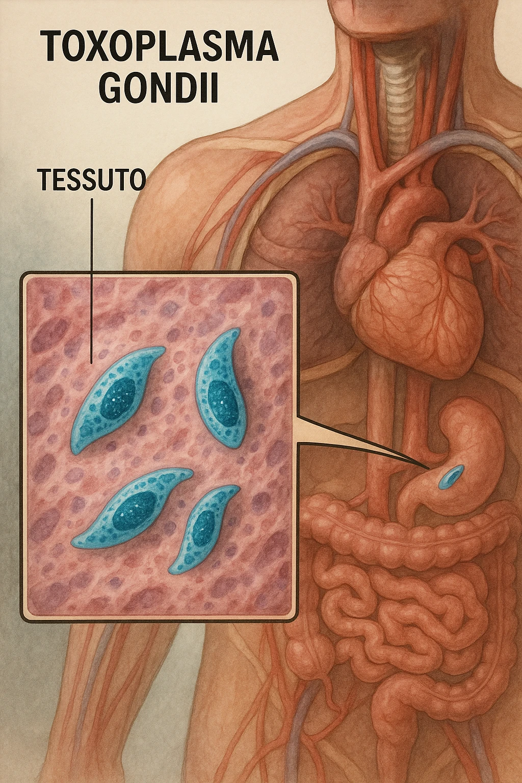 Toxoplasma gondii, visto all'interno di un corpo anatomico in italiano emoji