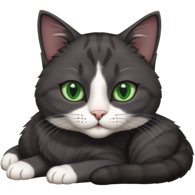 beautiful female solid dark grey cat with green eyes, white toes/paws and white patch on her chest lying down emoji