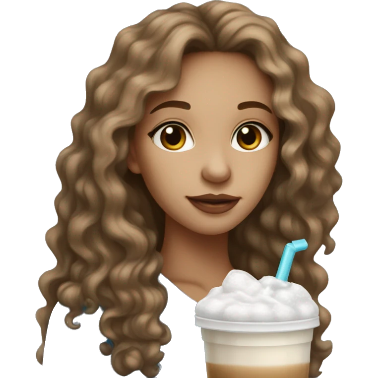 Light skin girl with brown wavy hair and blue eyes drinking ice latte  emoji