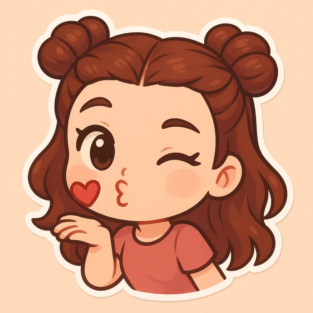 Create a chibi sticker of the girl from the reference image. She is blowing a kiss and winking, playful and sweet, with her signature double bun hairstyle. emoji