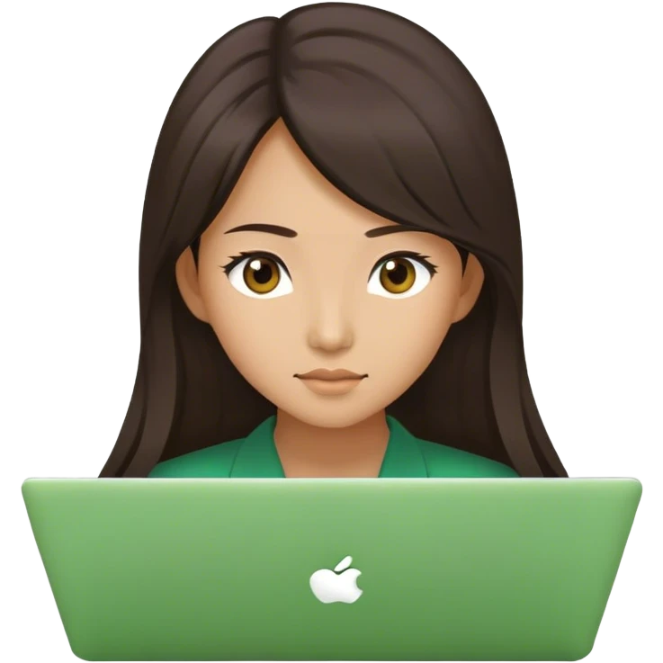Long hair asian woman working on green laptop with brown eyes emoji