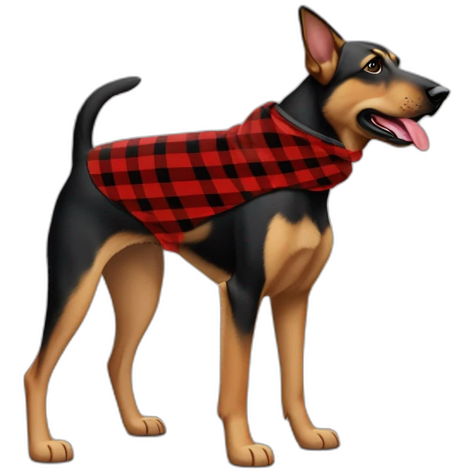 75% Coonhound 25% German Shepherd mix dog wearing small pointed red buffalo plaid bandana pointing down side view full body facing left emoji