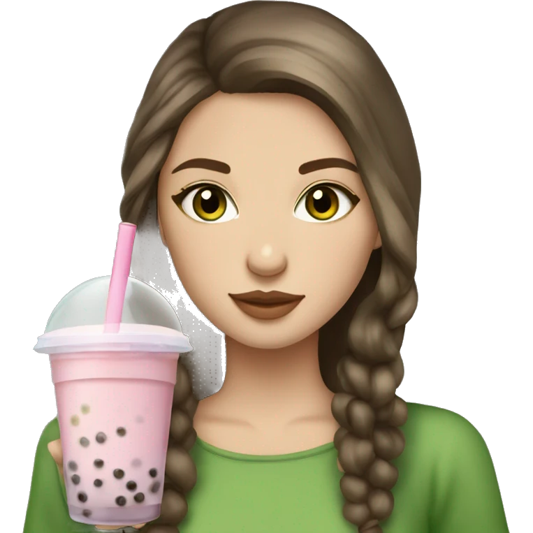 Slavic beautiful girls with brown hair with green eyes and medium hair holding  bubble tea  emoji