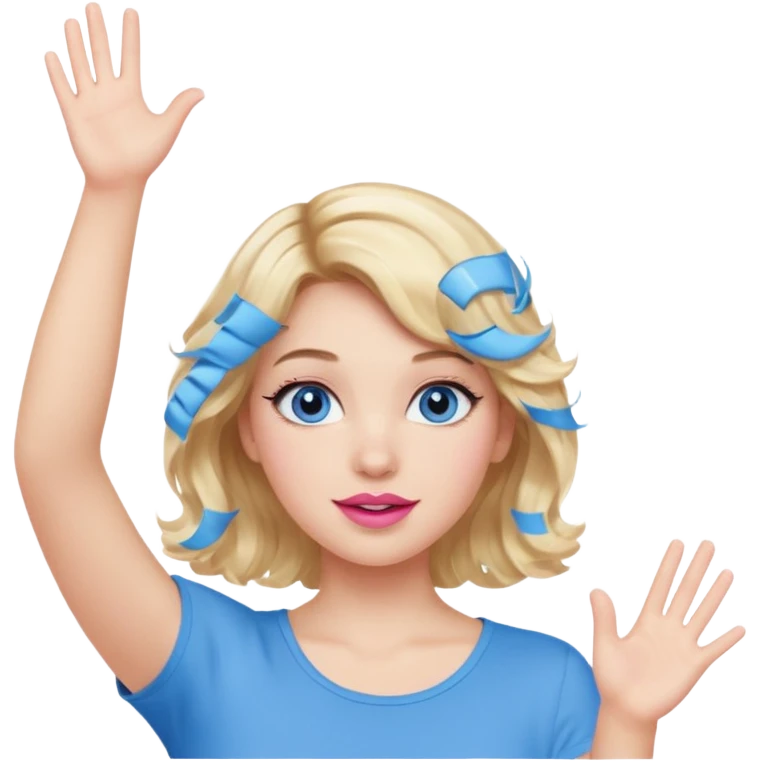 Girl Blonde short wavy hair,  blue eyes, cute blue top, long lashes, pink lips, both hand up in the air  emoji