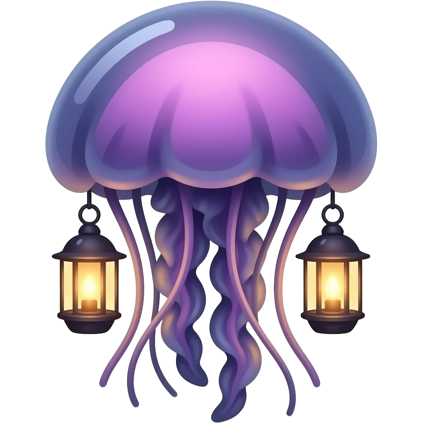 “Minimal emoji sticker of a disco jellyfish with glowing lanterns, dark mood, rose & lilac glow palette, whimsical + serene vibe, clean outline, transparent background, high-res.” emoji