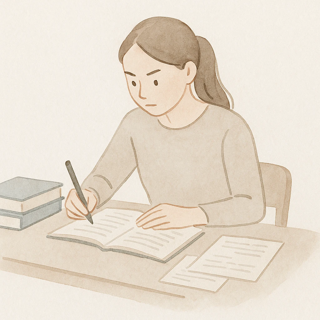 A girl preparing for exams, sitting at a desk with books and notes, looking focused and determined, in a watercolor painting style. emoji
