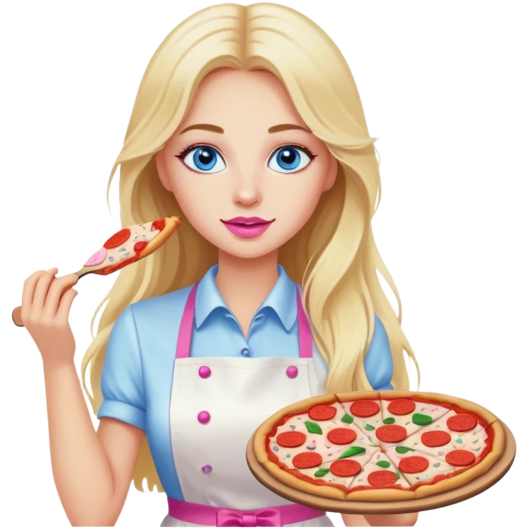 Cinematic realistic beautiful blonde with long hair, blue eyes and pink lips in a white dress cooks pizza emoji