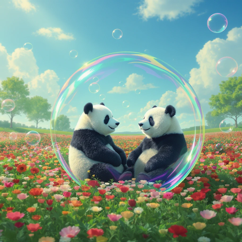 Cinematic still pandas bears sitting inside bubbles flying over field full of flowers, sunny summer day, happy vibe, minimalisic emoji