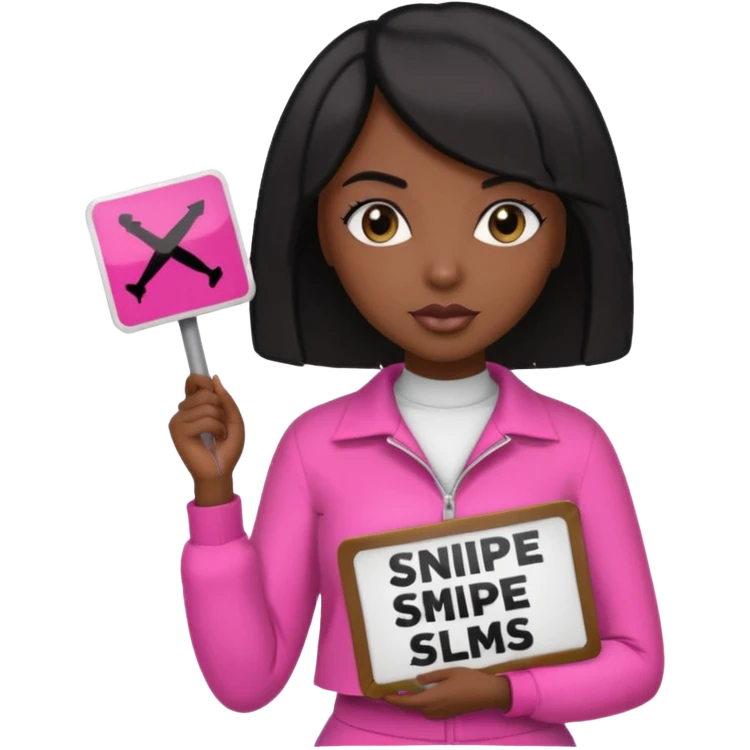 Dark skin woman with black bob in hair holding sign that says snipe  wearing pink outfit  emoji