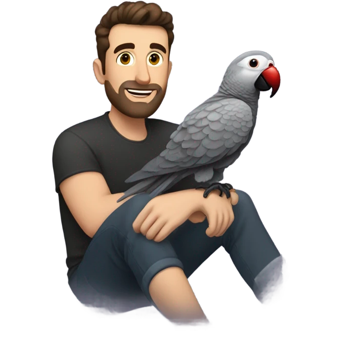 White Man with dark brown pompadour hair and dark brown short beard riding on top of a giant african grey bird emoji