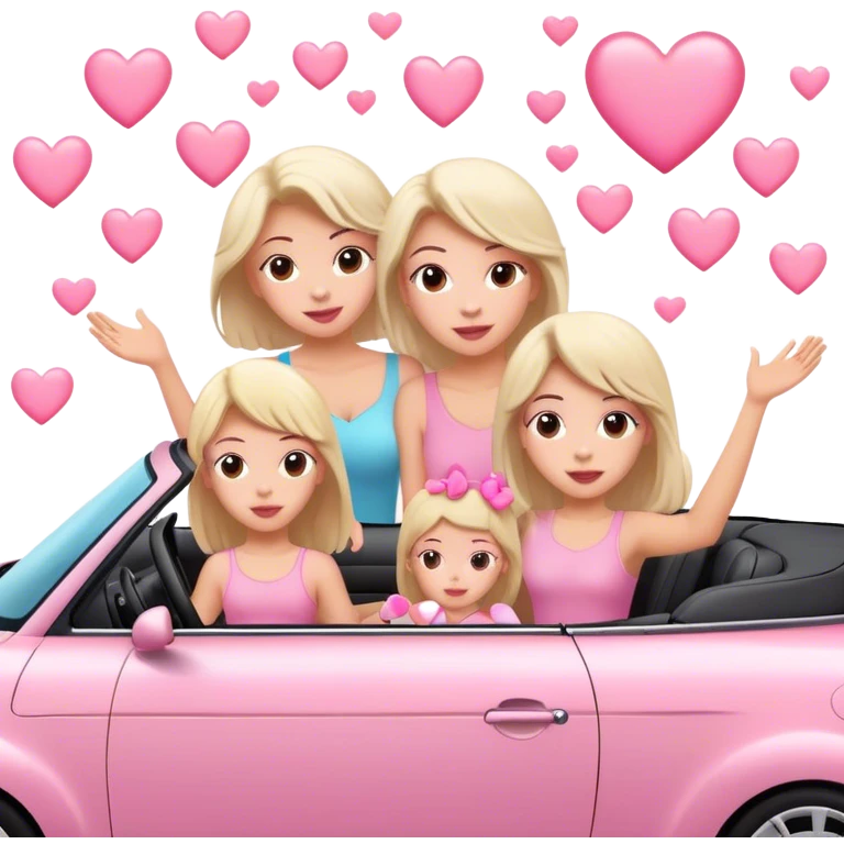 A mom, two daughters, and one son driving in pink convertible with hearts blowing behind emoji