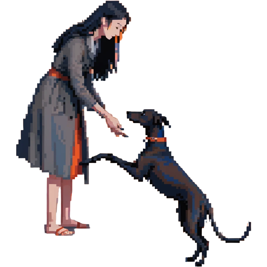 A very beautiful and attractive 25-year-old Japanese woman with long flowing black hair gently petting a SOLID DARK GREY whippet on a beach during a beautiful sunset. The woman's hand is lovingly stroking the whippet. The whippet MUST be COMPLETELY SOLID DARK GREY with ABSOLUTELY NO WHITE MARKINGS ANYWHERE - no white chest, no white face, no white paws, no white tip on tail - ENTIRELY ONE SOLID DARK GREY COLOR throughout the entire dog. Orange and red sunset sky over the ocean, sandy beach in the foreground. emoji