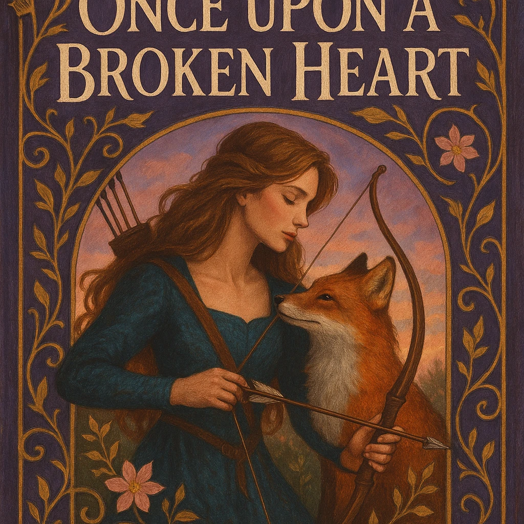 archer and fox together, storybook cover art, romantic fantasy, inspired by 'Once Upon a Broken Heart' emoji