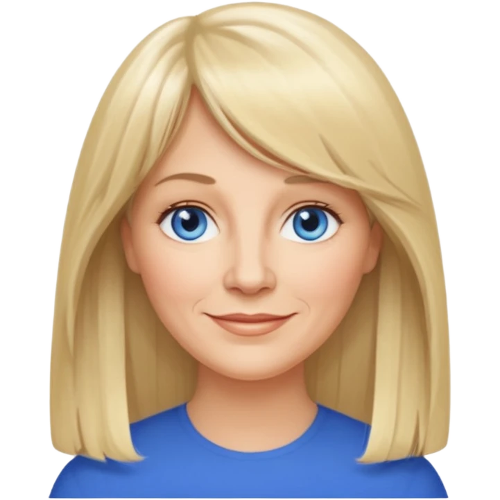 50 yr old white woman, curtain bangs, long straight blond hair, oval face, small smile, blue eyes emoji