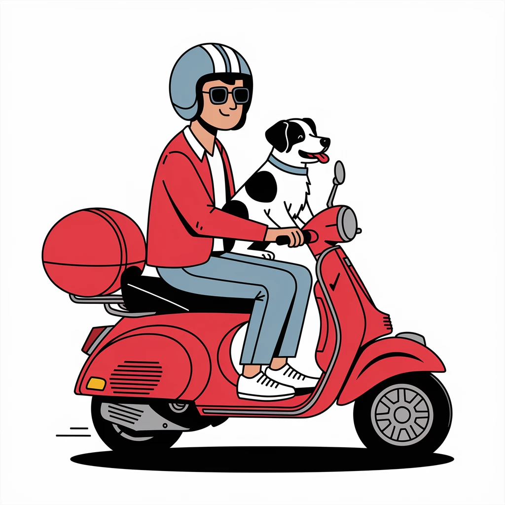 man and his pet dog riding a vespa emoji