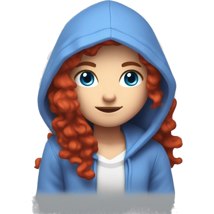a white girl with long red curly hair, wearing periwinkle Minecraft hoodie playing a videogame emoji
