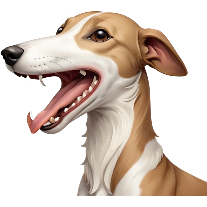 Cinematic Cute Yawning White and Brown Greyhound Portrait Emoji, Head tilted slightly with a dramatic, wide-open yawn, showcasing a pristine white Fur with bold brown markings, floppy ears slightly drooping, round eyes barely open in drowsy contentment, Simplified yet irresistibly adorable features, highly detailed, glowing with a soft, cozy glow, high shine, relaxed yet expressive, stylized with a touch of whimsy, bright and endearing, soft glowing outline, capturing the essence of a sleepy yet affectionate companion, so drowsy it feels like it could stretch out of the screen and curl up for a nap! emoji