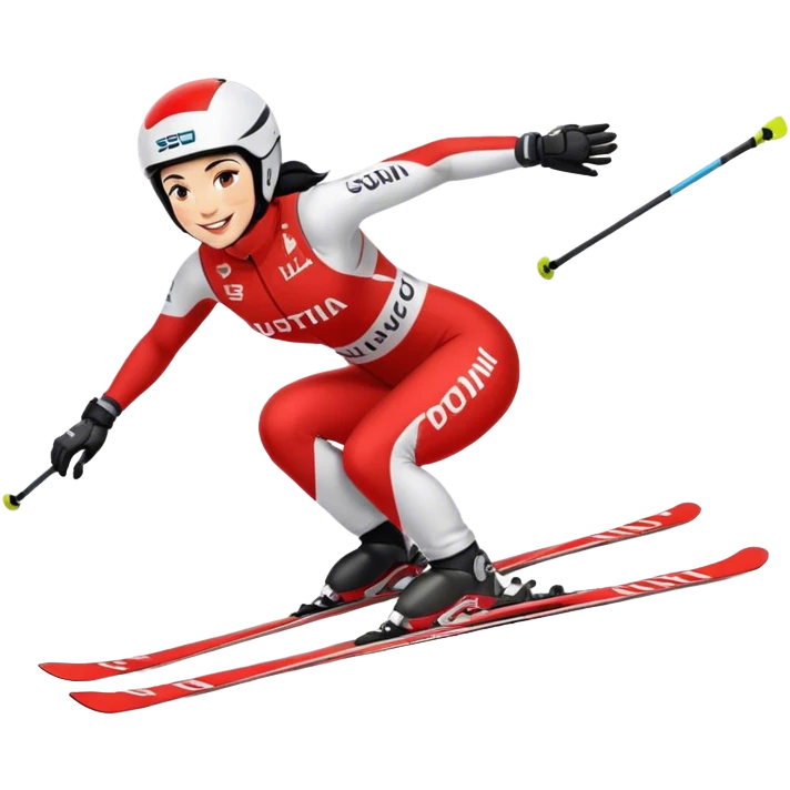 Ski racer downhill squat woman red white dress Austria lettering black hair smile emoji