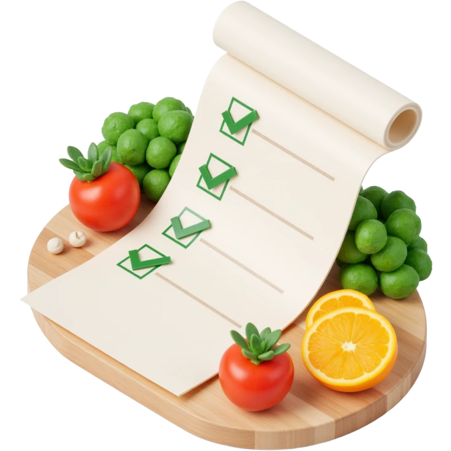 floating rolled paper list with green checkboxes and around vegetables emoji