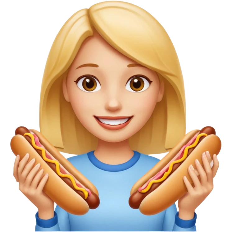 A girl holding two hot dogs, smiling proudly before eating.






















 emoji