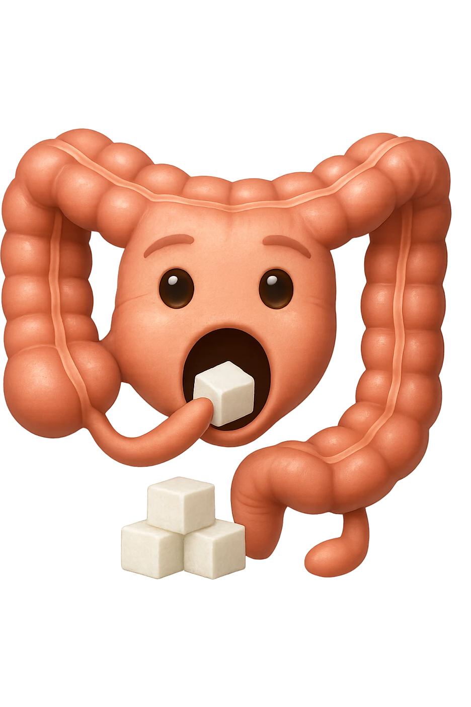 emoji stile iphone di un intestino anatomico che mangia zollette di zucchero, iperrealistico 4k, isolato su sfondo bianco emoji