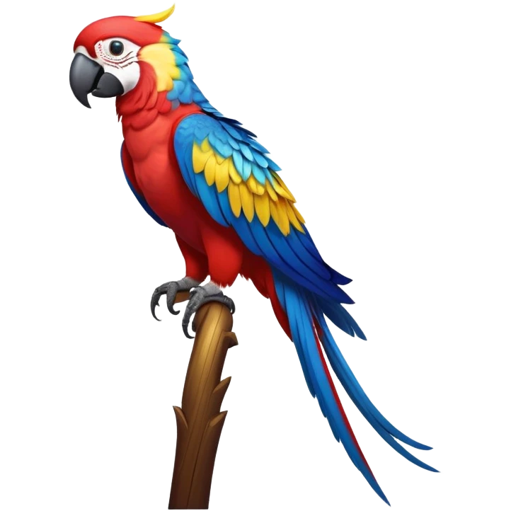 cinematic-macaw-realistic-full-body-standing-emoji,-vibrant-feathers-glowing-with-rich-reds,-blues,-and-yellows,-head-tilted-dramatically,-curved white-beak-gleaming,-piercing-dark-eyes-exuding-confidence,-simplified-yet-realistic-focused emoji