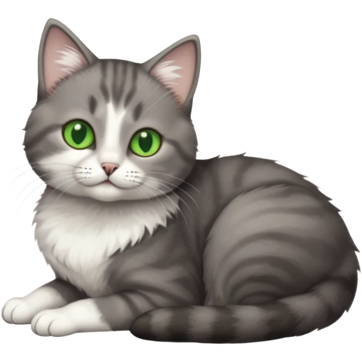 full body tiny short hair dark grey and white cat with white front legs and green eyes lying down emoji