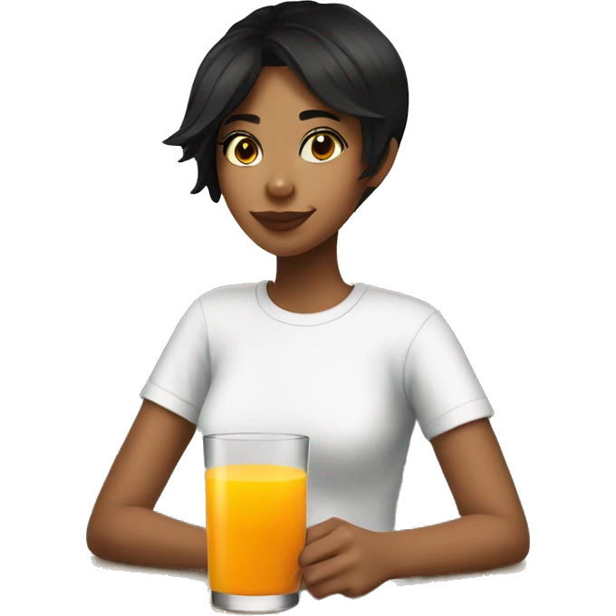 A girl with short black hair wearing a white t-shirt, drinking orange juice and a glass emoji