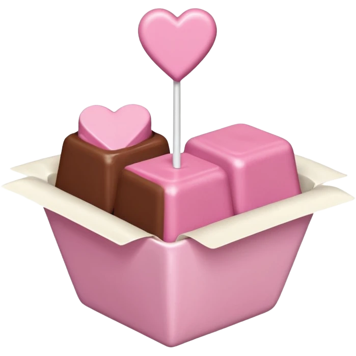Two square milk chocolate , Each praline is a sharp-edged cube with smooth glossy chocolate coating, placed in a small white fluted paper candy cup. On top of each cube is a flat pastel pink heart-shaped icing emoji
