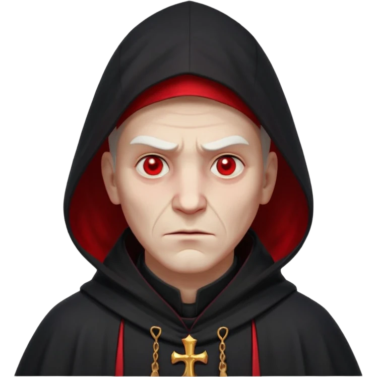 cursed village priest portrait, head and shoulders only, dark hooded robe, mysterious expression, subtle red accents, eerie glow, gothic village atmosphere, 3D cartoon, mobile game icon style, clean background, no text, no watermark

 emoji