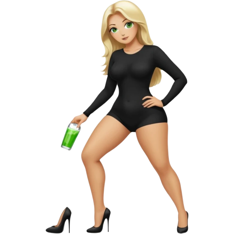 Blonde, green eyed woman with long  hair. She is curvy with a big butt and small breast. She is in sexy black clothes nude and full body exposed. She has nice long legs. She is doing sexy pose emoji