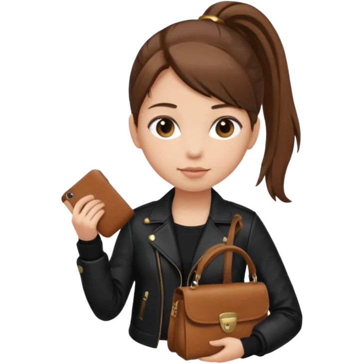 A girl with a pony tail brown hair and white ish skin with a black jacket and a brown purse emoji