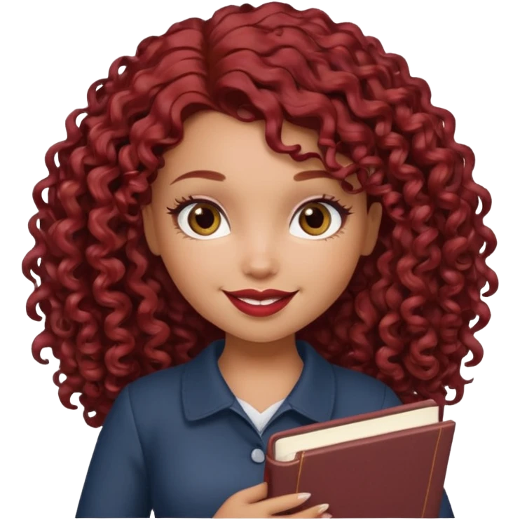 generate a pretty bratz girl curly dark red hair, brown lipstick on, smiling. Book in hand emoji