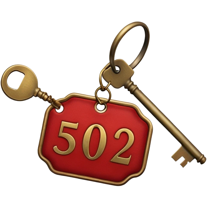 antique brass hotel key with large red leather room number tag emoji