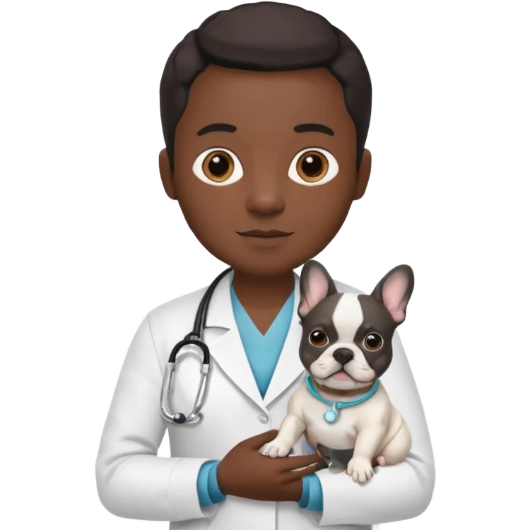 hombre médico que tenga un estetoscopio de color de tez negra que sostiene un bulldog francés blanco emoji