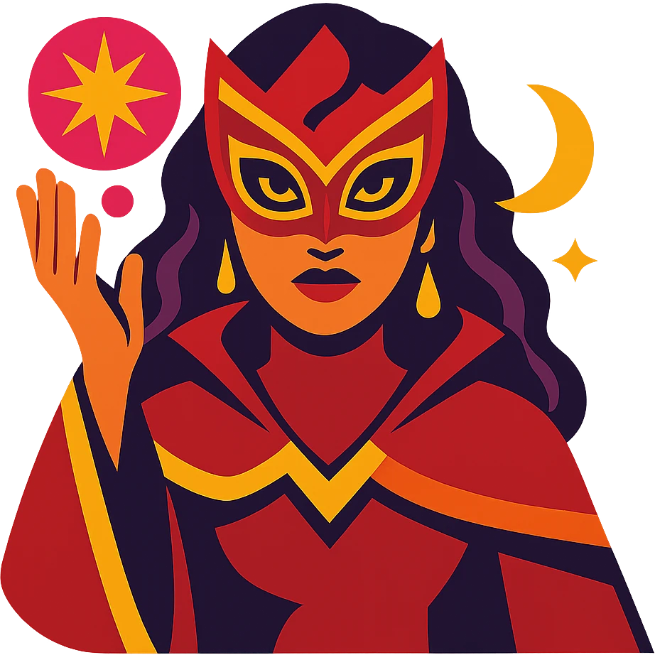 Transform this person into a dramatic magical figure emoji with a stylized mask, red and gold accents, and mystical symbols. Vibrant colors emoji
