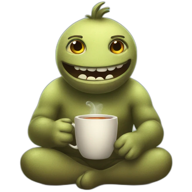 A cartoony creature sitting on floor with a cup of tea motioning  and beckoning the viewer to sit next to him emoji