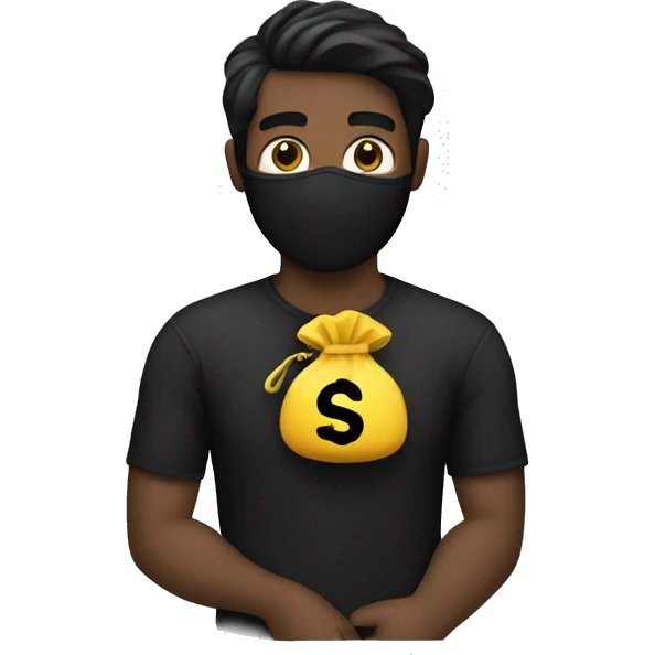 Man with a black mask lined shirt and a money bag on his shoulder emoji