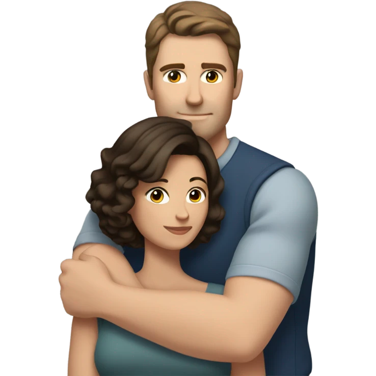 Dark haired white male hugging beautiful medium brown haired woman with short hair emoji