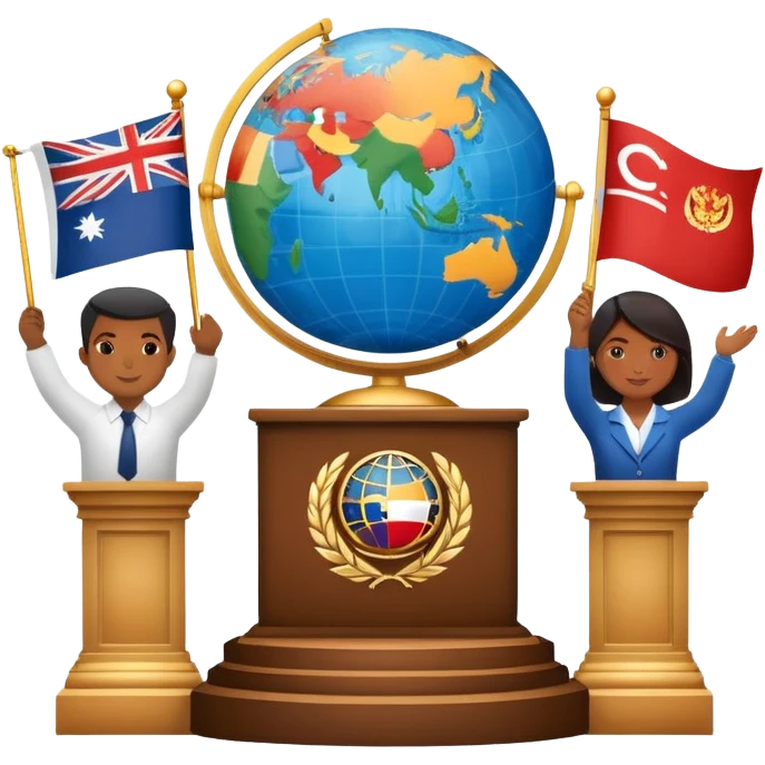 icon featuring podium with a speaker, national flags, and voting ballots, symbolizing political science. The design includes a globe and scales of justice in the background, representing governance, global affairs, and political theory. Transparent background emphasizes civic engagement and policy. emoji
