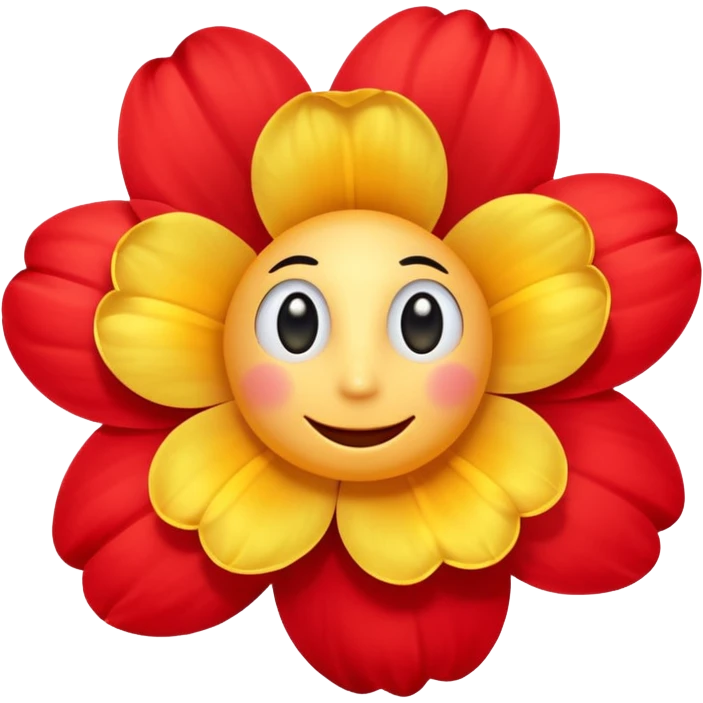 A flower with round yellow face with soft gradients, large glossy black cartoon eyes, and a simple curved smile. Surrounding bright red inflated petals with smooth shading and soft reflections. emoji