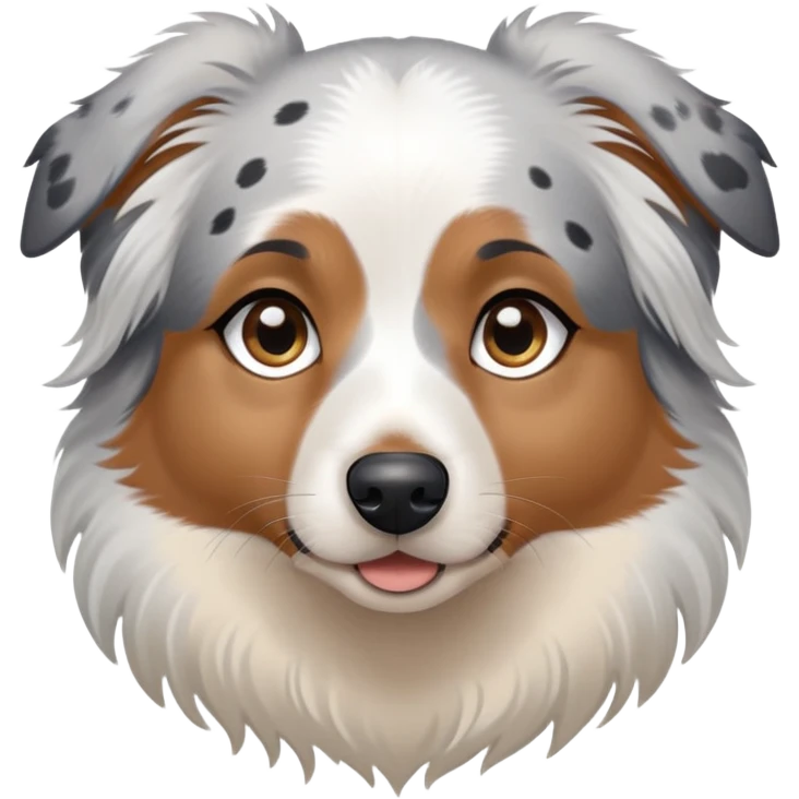 A mini Australian shepherd with white hair and black spots over her eyes. One eye is light blue, and the other is brown emoji