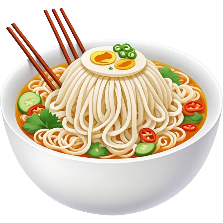 Guilin rice noodles with thin white strands and toppings, simplified emoji style with bold outlines and bright colors, cartoon style Guangxi famous Mi Fen emoji