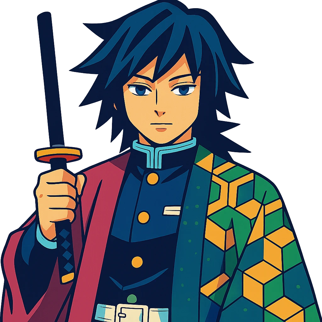 Giyu Tomioka from Demon Slayer, vibrant anime style, half-patterned haori, calm expression, blue and green color scheme emoji