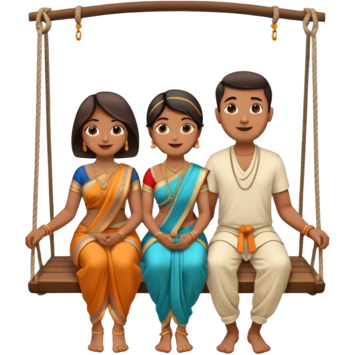 indian man and woman sitting on two seater swing. woman in saree and man in dhoti emoji