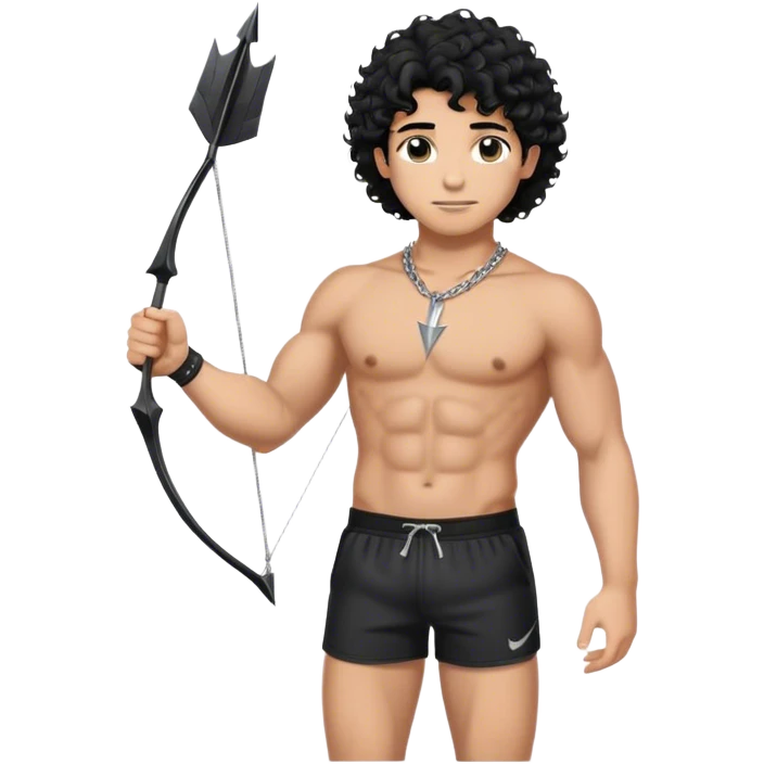 Tan guy with abs and medium-length black curly hair, with a silver chain with an arrow on his neck, standing in black sporty shorts and showing his bicep   emoji