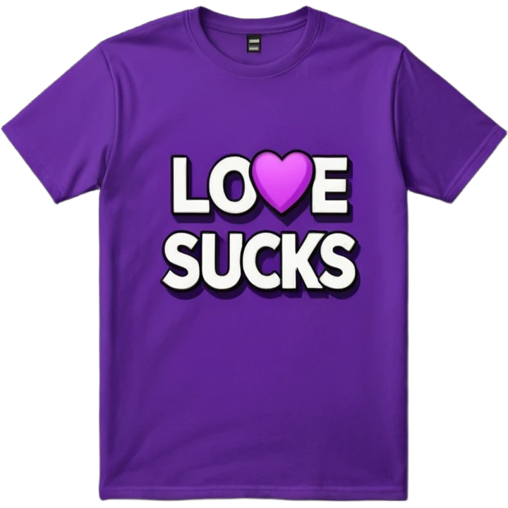 Vivid purple graphic tshirt with " love sucks"  bold white color typography print, with black color shadow behind typography print" no emoji icons, no human figures, must be 8k, 8000x8000px resolution. Must be smooth, clean appearance, isolated. emoji