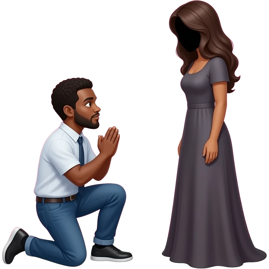 Man kneeling on both knees begging in front of a woman in front of a pink background. The characters have no faces. They are dark. emoji